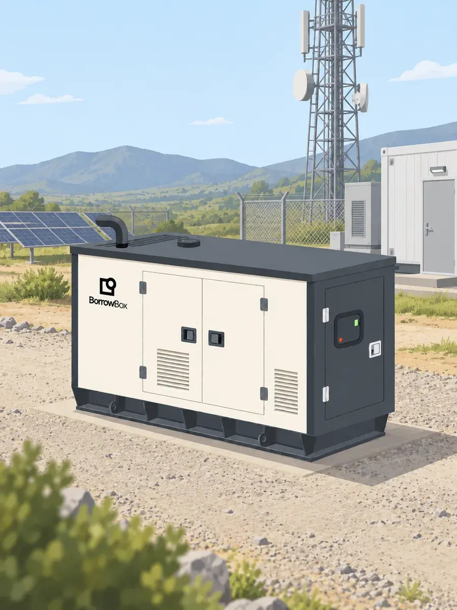 BorrowBox generator at a remote telecom tower with solar panels
