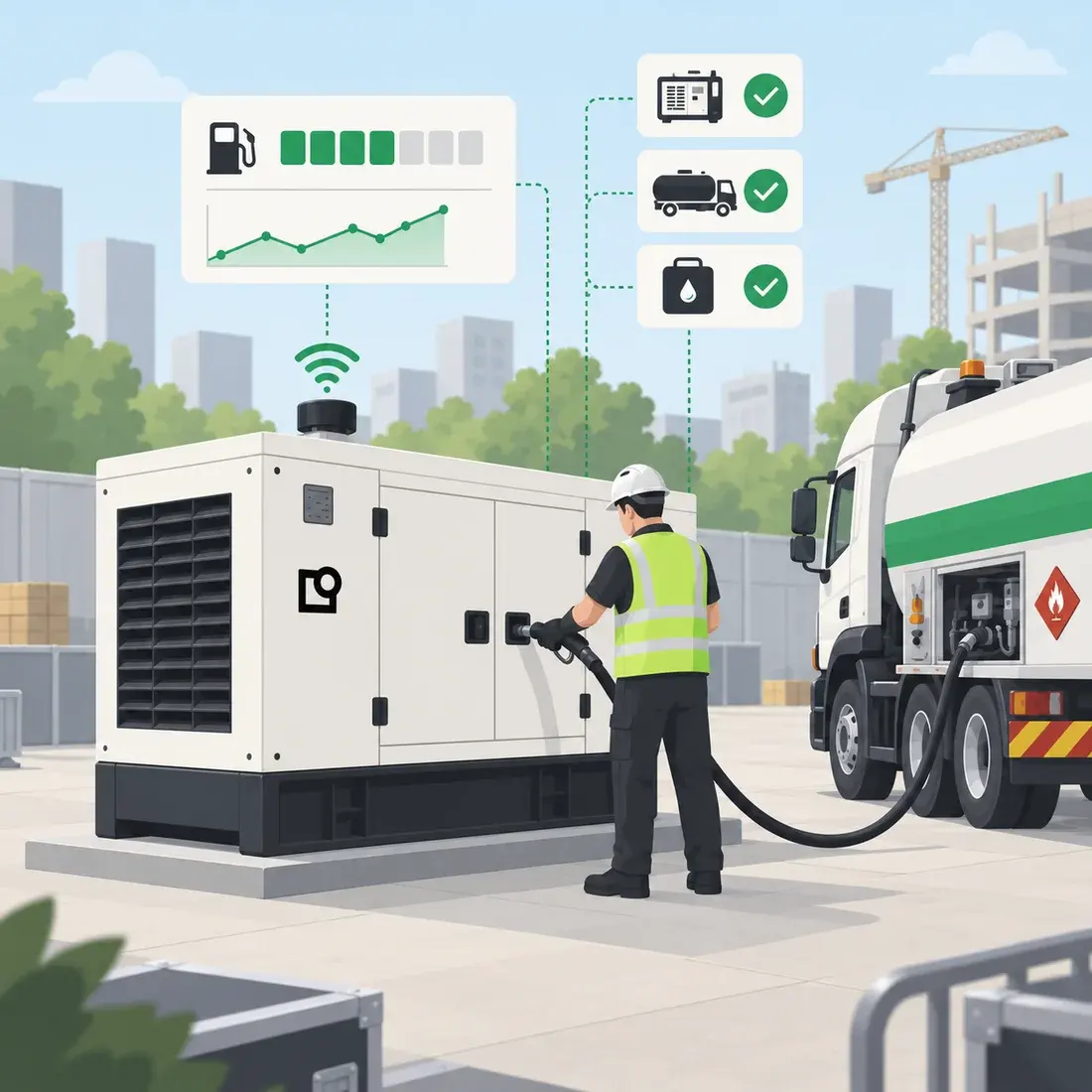 An operator refuelling a generator from a tanker, with fuel level and delivery confirmations shown alongside
