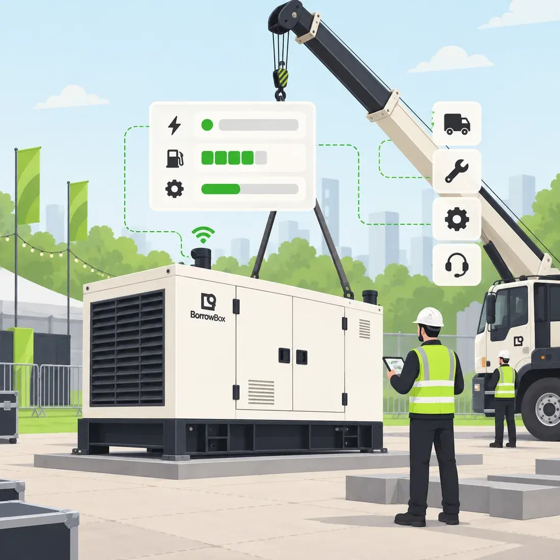 A generator lowered into place by crane while a site engineer checks its live status on a tablet
